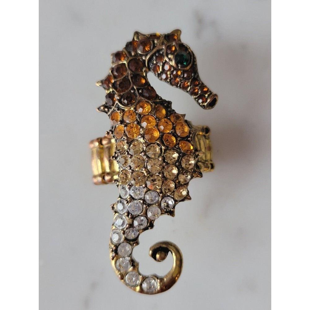 Seahorse Rhinestone Adjustable Ring Gold Tone Size 7-10 Gold Brown Clear